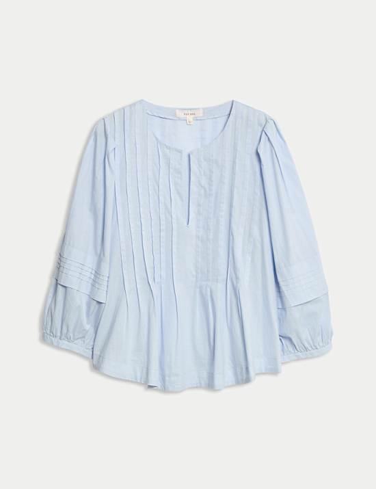 Pure Cotton V-Neck Pintuck Blouse