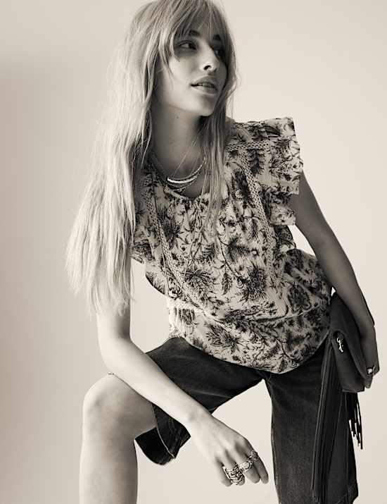 Printed Lace Insert Ruffle Top