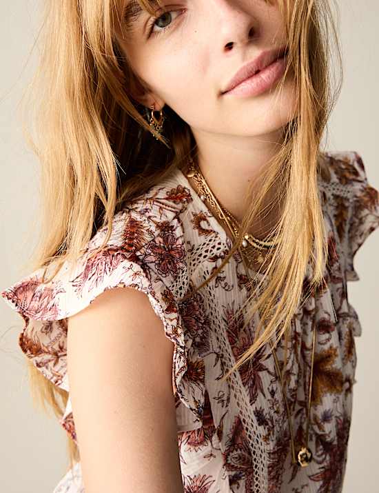 Printed Lace Insert Ruffle Top