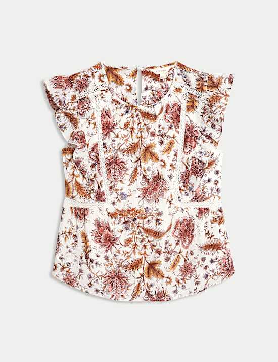 Printed Lace Insert Ruffle Top