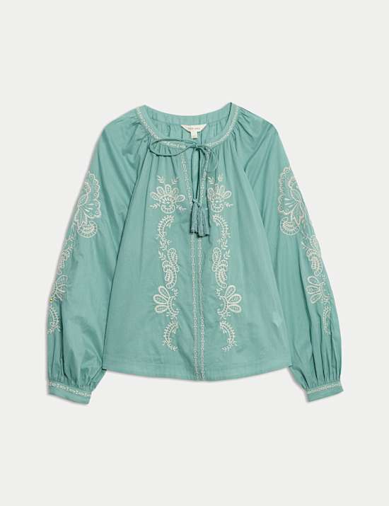 Chemisier extra-large 100&nbsp;% coton brod&eacute; avec encolure &agrave; nouer