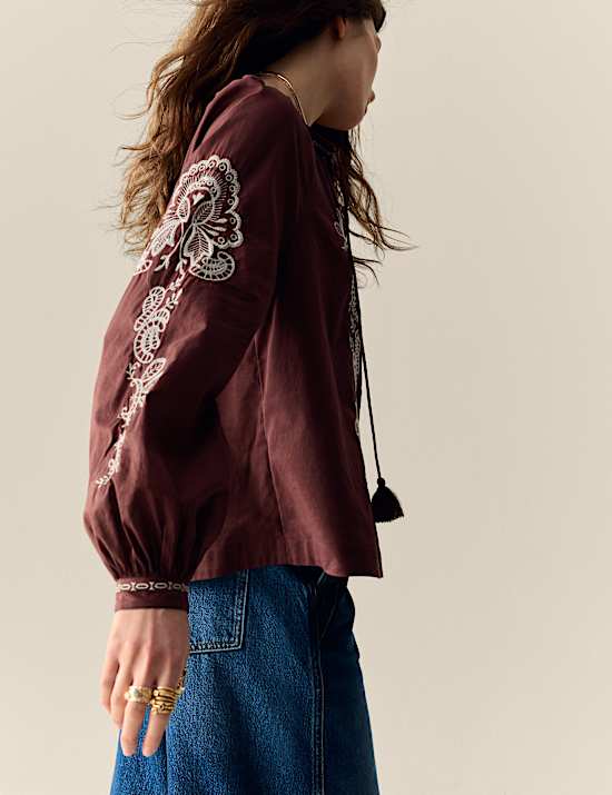 Pure Cotton Embroidered Tie Neck Oversized Blouse