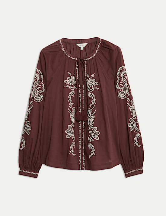 Pure Cotton Embroidered Tie Neck Oversized Blouse