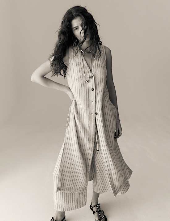 Gilet de costume coupe longue à rayures avec lin