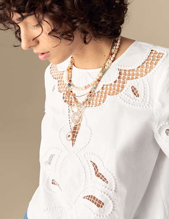 Pure Cotton Embroidered Crew Neck Blouse