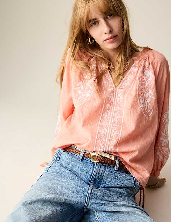 Pure Cotton Embroidered Popover Blouse