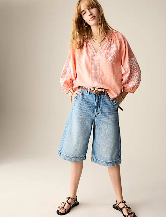 Pure Cotton Embroidered Popover Blouse