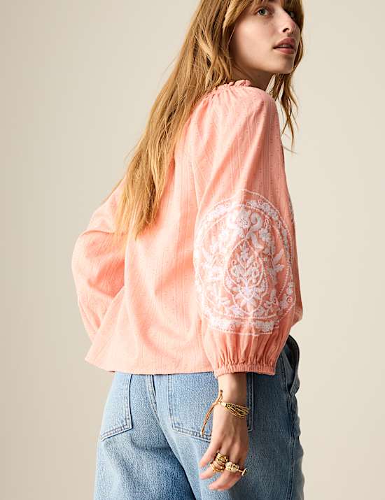 Pure Cotton Embroidered Popover Blouse