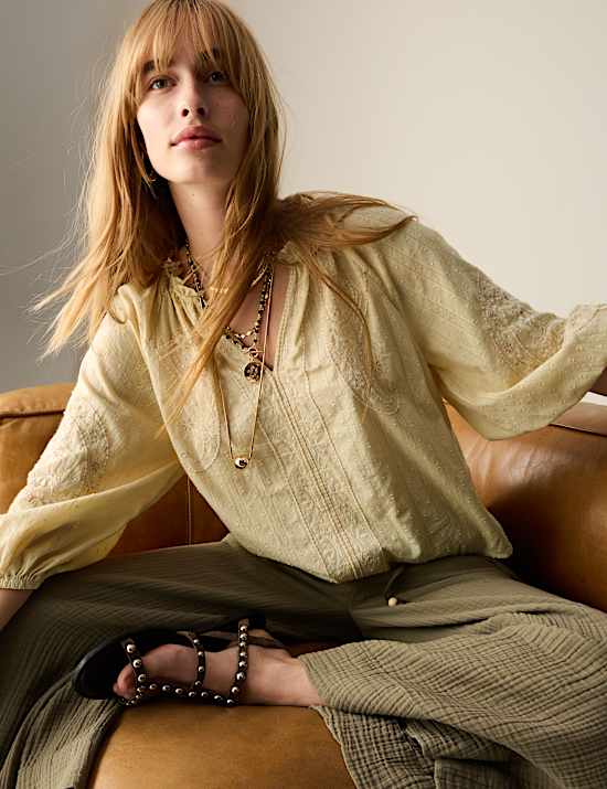 Pure Cotton Embroidered Popover Blouse