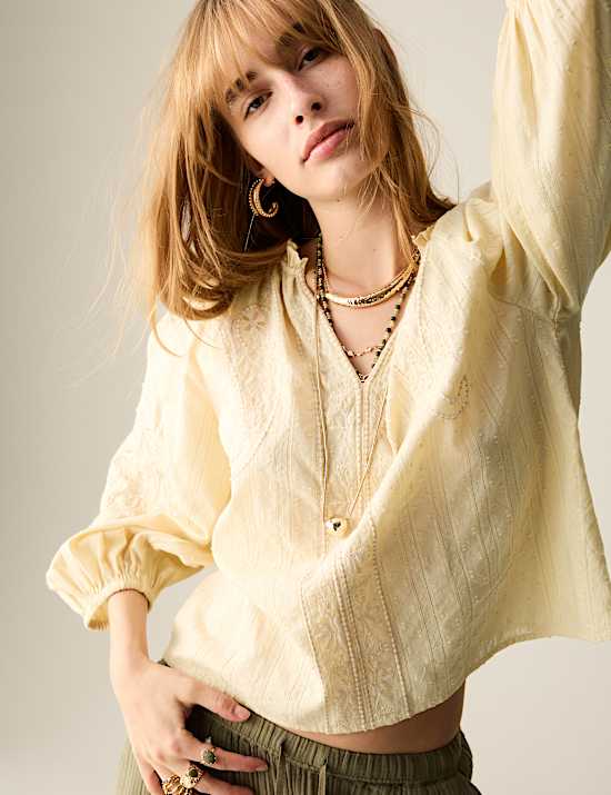 Pure Cotton Embroidered Popover Blouse