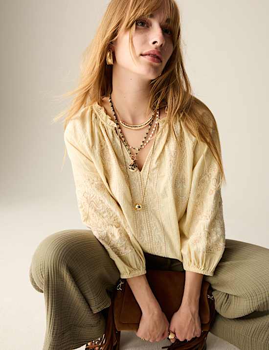 Pure Cotton Embroidered Popover Blouse