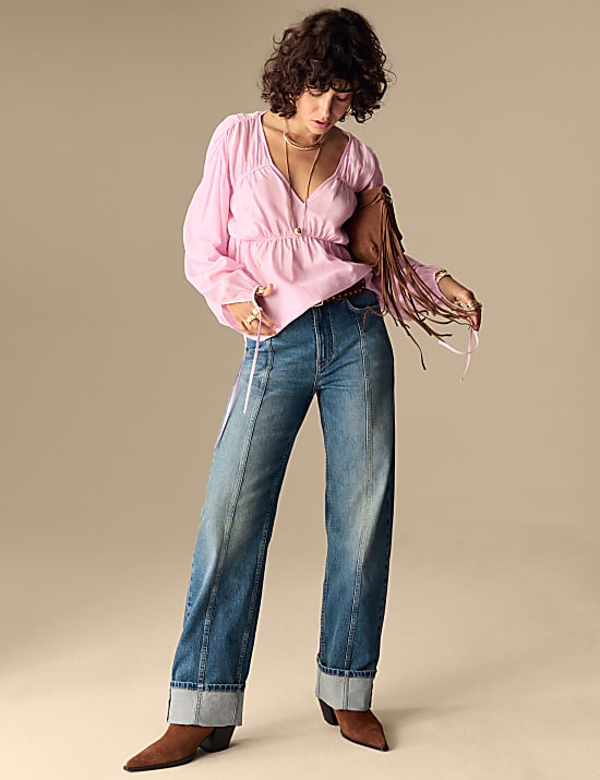 Cotton Rich V-Neck Seam Detail Blouse