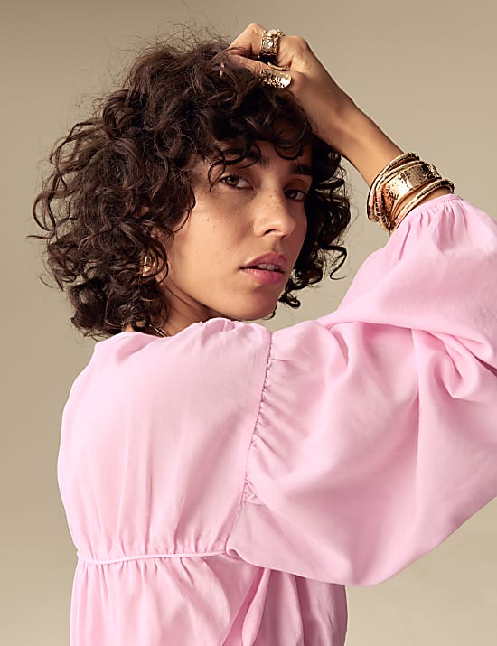 Cotton Rich V-Neck Seam Detail Blouse