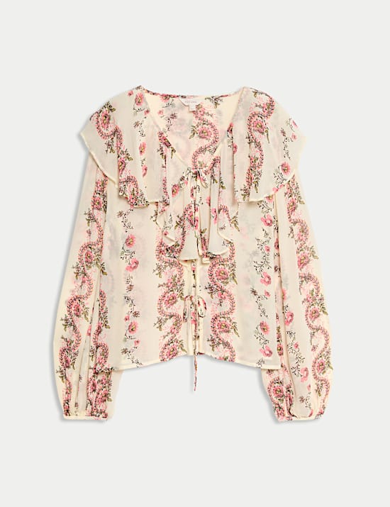Printed Tie Neck Ruffle Blouse