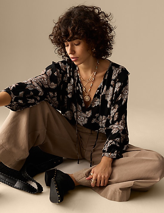 Floral Tie Neck Blouson Sleeve Blouse