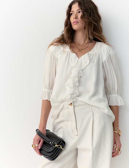 Ruffle V-Neck Poet Blouse