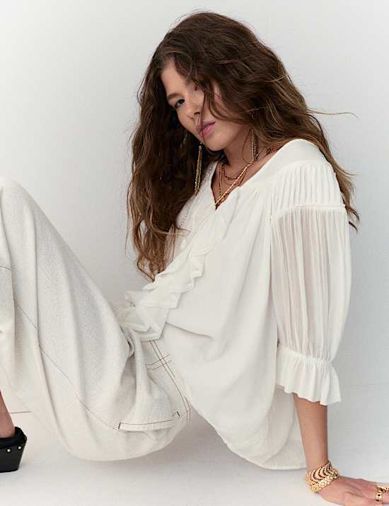 Ruffle V-Neck Poet Blouse