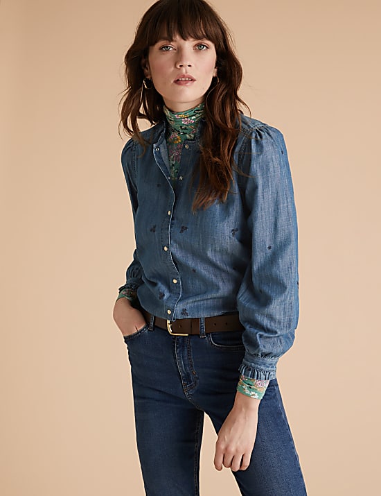 Tencel&trade; Denim Embroidered Ruffle Blouse