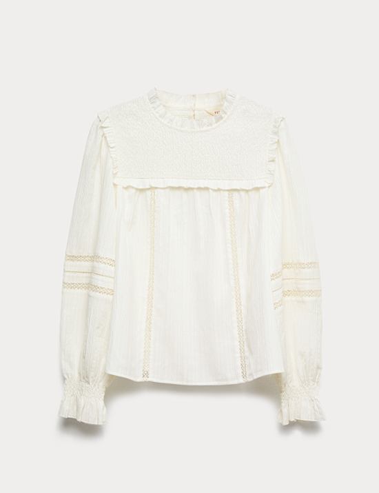 Textured Frill Neck Shirred Blouse