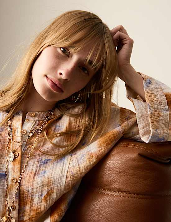 Printed Textured Button Detail Relaxed Blouse