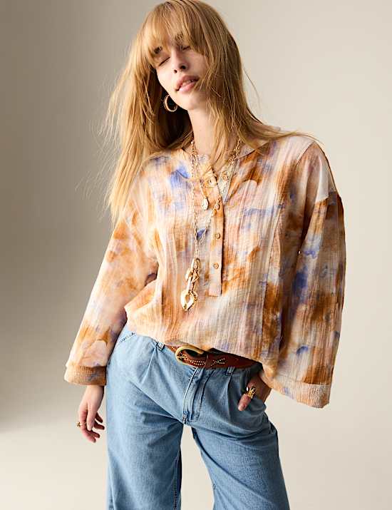 Printed Textured Button Detail Relaxed Blouse
