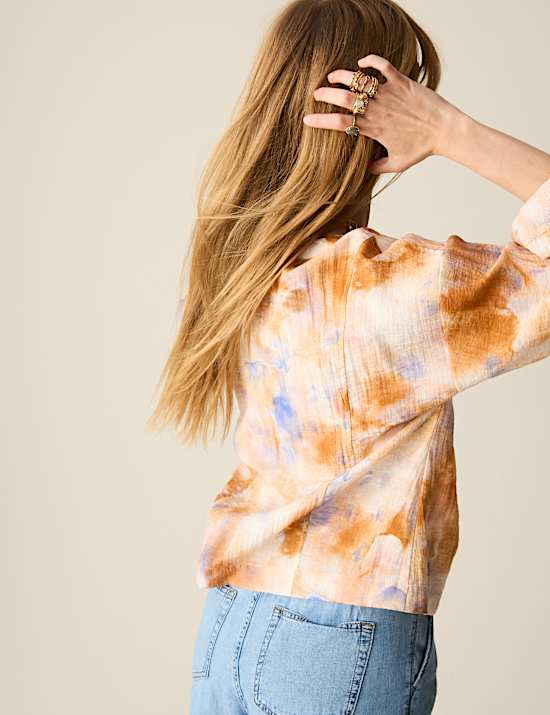 Printed Textured Button Detail Relaxed Blouse