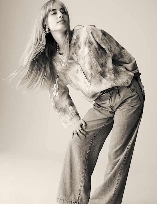 Printed Textured Button Detail Relaxed Blouse