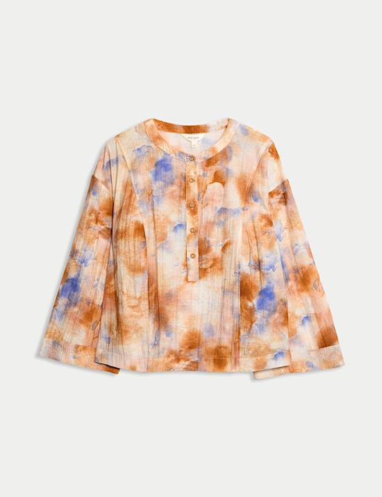 Printed Textured Button Detail Relaxed Blouse