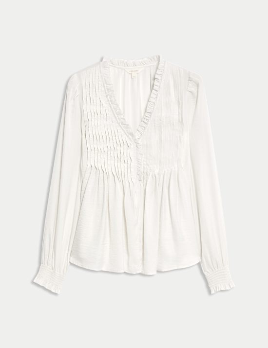 Langarmbluse mit gerüschtem V-Ausschnitt