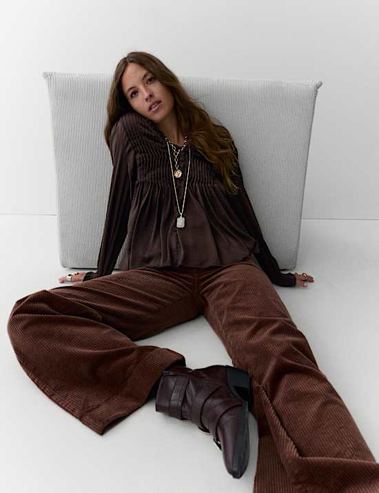 Satin V-Neck Ruffle Pleat Detail Blouse