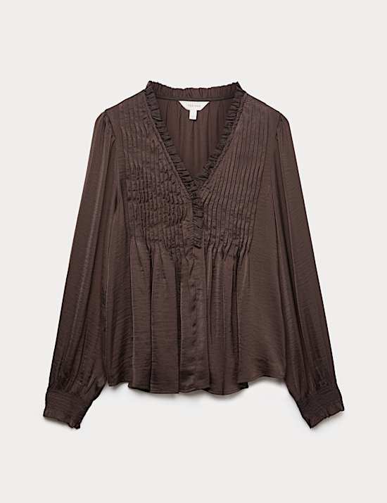 Satin V-Neck Ruffle Pleat Detail Blouse