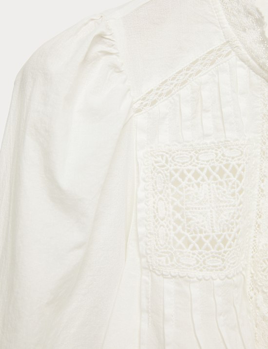 Pure Cotton Crew Neck Lace Front Blouse