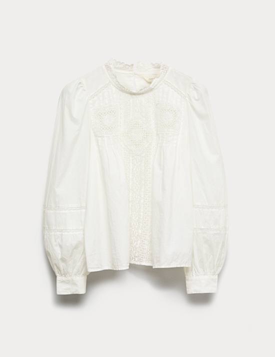 Pure Cotton Crew Neck Lace Front Blouse