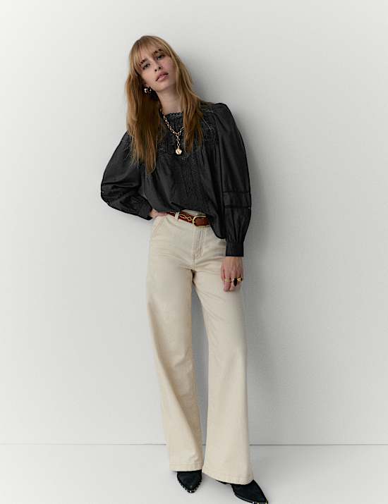 Pure Cotton Crew Neck Lace Front Blouse