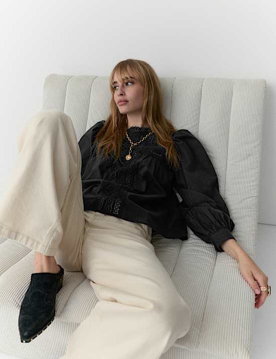 Pure Cotton Crew Neck Lace Front Blouse