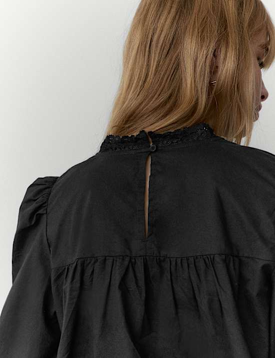 Pure Cotton Crew Neck Lace Front Blouse