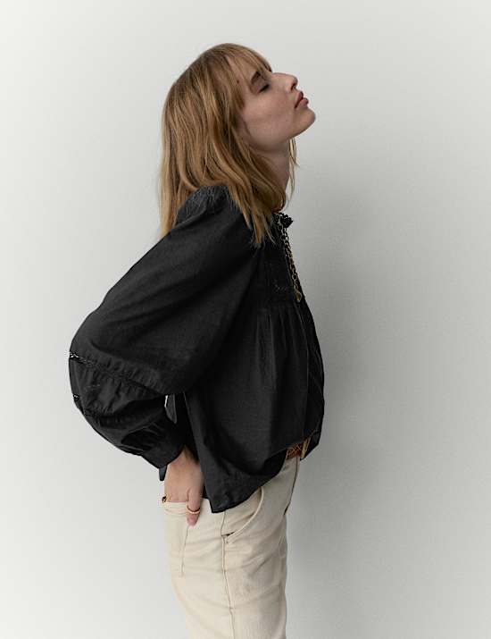 Pure Cotton Crew Neck Lace Front Blouse