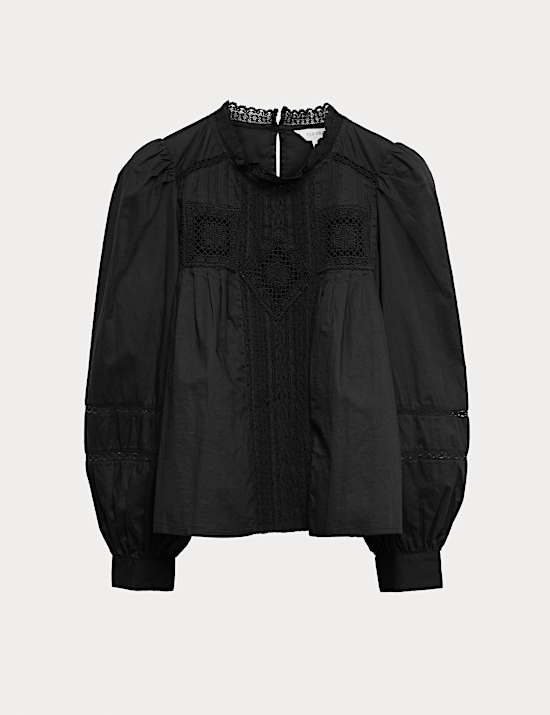 Pure Cotton Crew Neck Lace Front Blouse