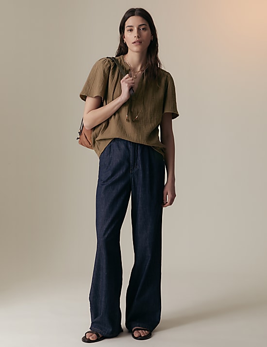 Pure Cotton Textured Tie Neck Blouse