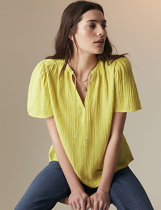 Pure Cotton Textured Tie Neck Blouse