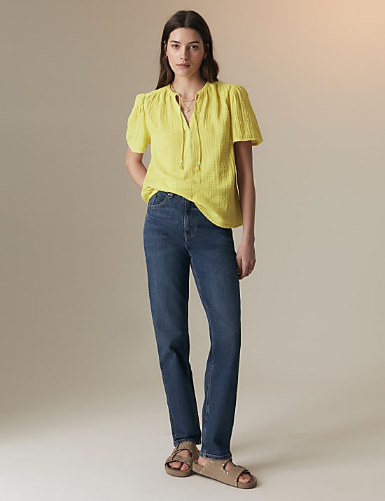 Pure Cotton Textured Tie Neck Blouse