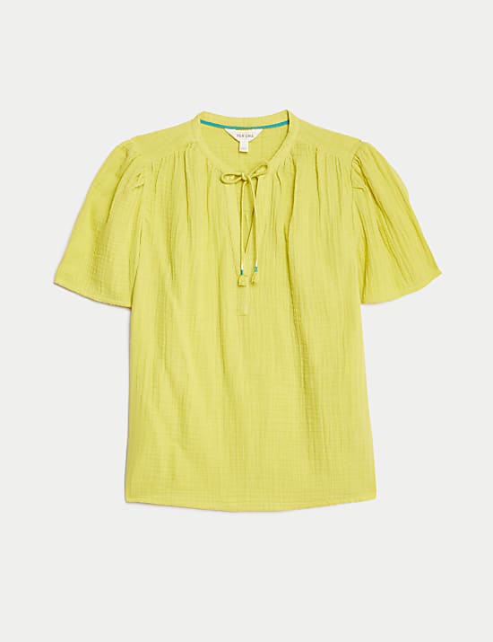 Pure Cotton Textured Tie Neck Blouse