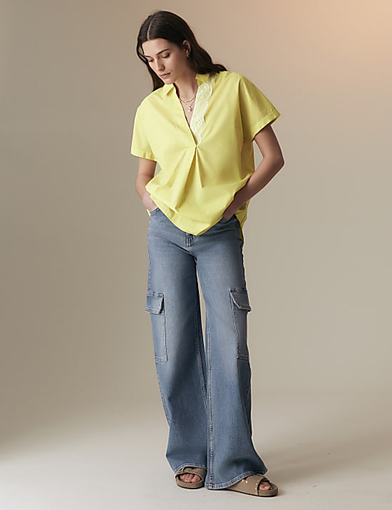 Blus Gombrang Hiasan Renda Model Kerah Katun Murni