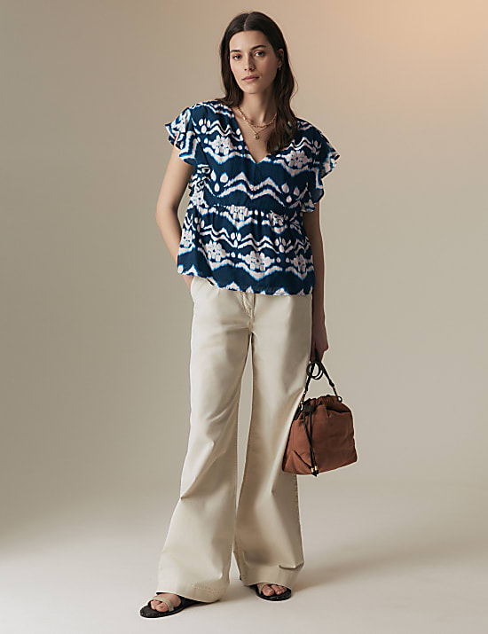 Cupro Blend Printed V Neck Blouse