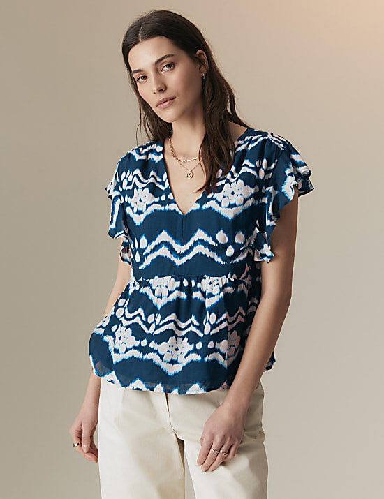 Cupro Blend Printed V Neck Blouse