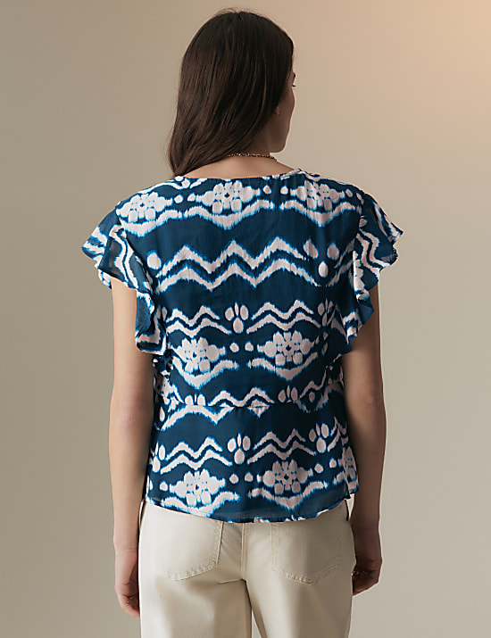 Cupro Blend Printed V Neck Blouse