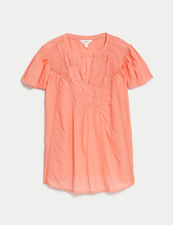 Cotton Rich Notch Neck Shirred Blouse