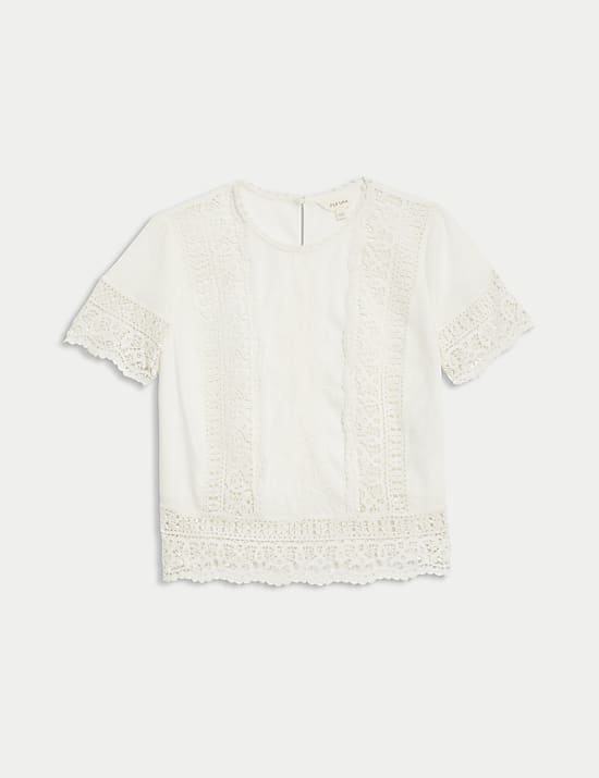 Blusa bordada de lino con detalle de encaje