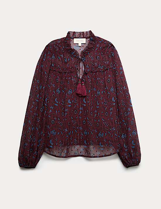 Sheer Chiffon Printed Metallic Tie Neck Top