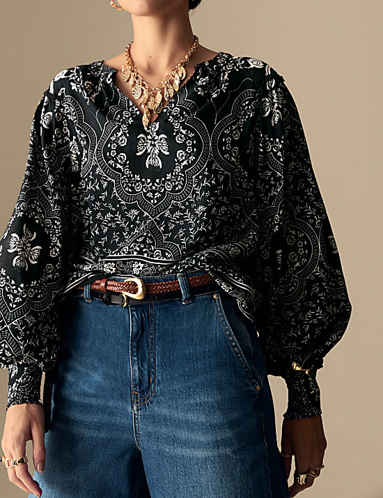 Printed V-Neck Blouson Sleeve Top